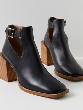 Free People Black Leather Cutout Ankle Boots with Tan Block Heels